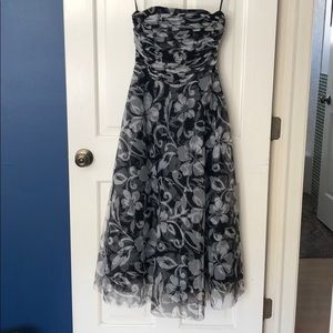 Black and white floral strapless midi dress